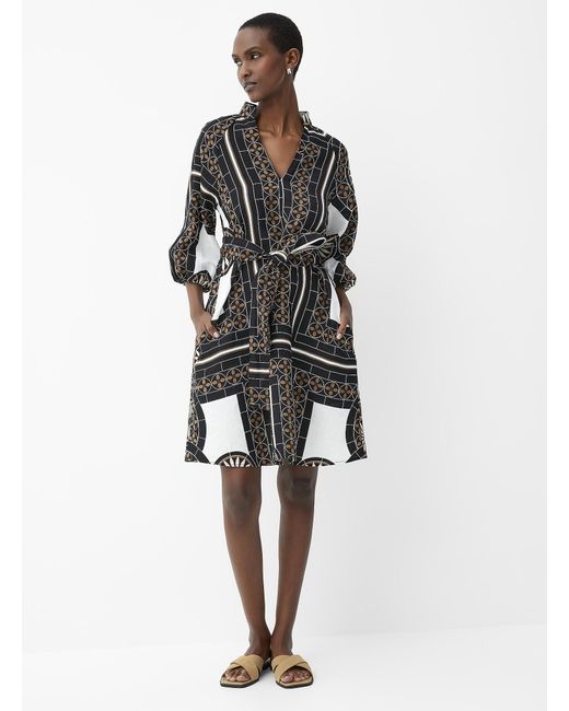Marc O' Polo Black Pure Linen Patterned Belted Dress