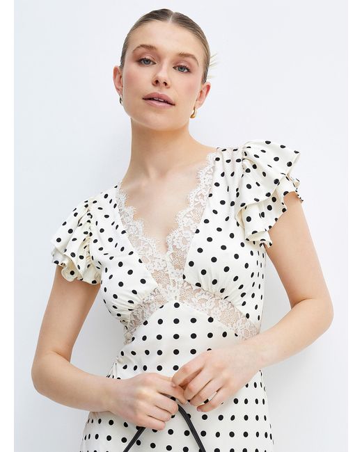 Icône White Polka Dot And Lace Satin Midi Dress