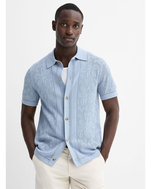 Le 31 Blue Patterned Openwork Knit Polo for men