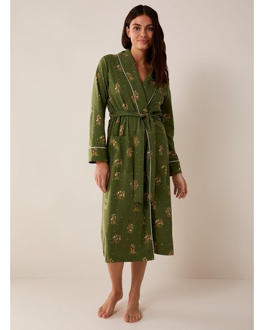 Miiyu Green Brushed Organic Cotton Patterned Robe