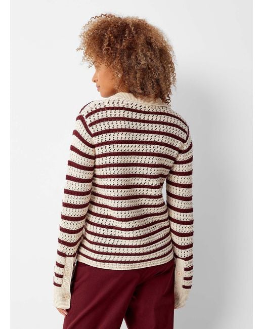 Part Two White Striped Buttoned Openwork Cardigan