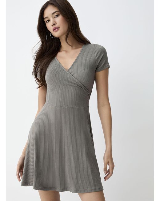 Twik Gray Ribbed Crossover Neckline Dress