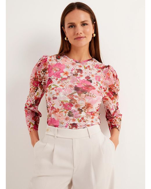 Ted Baker Red Pressed Flowers Ruched Micromesh Blouse