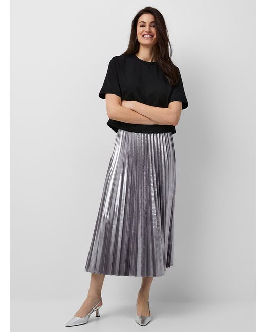 Sisley Metallic Silvery Pleated Midi Skirt