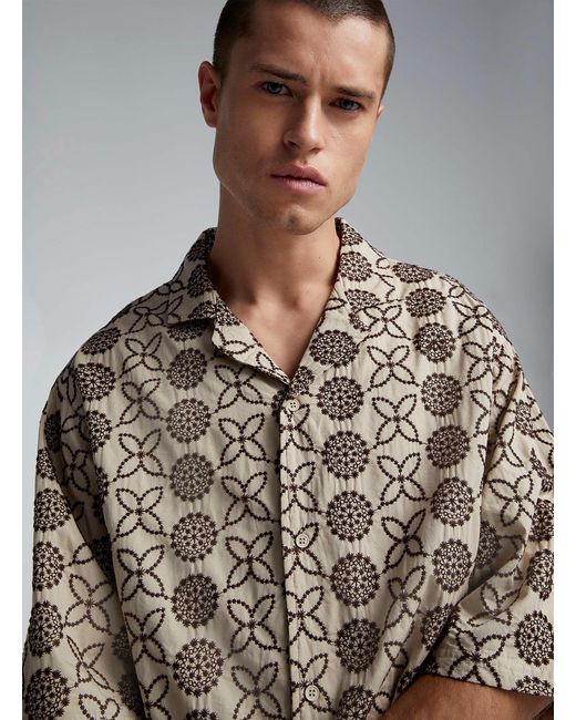 Native Youth Brown Art Deco Embroidered Camp Shirt for men