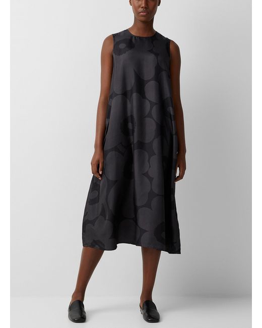 Marimekko Black Alyssum Unikko Silk Dress