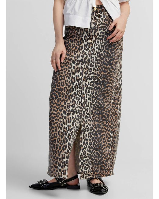 Ganni White Leopard Denim Maxi Skirt