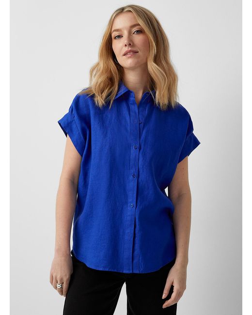 Contemporaine Blue Cap Sleeves Loose Pure Linen Shirt