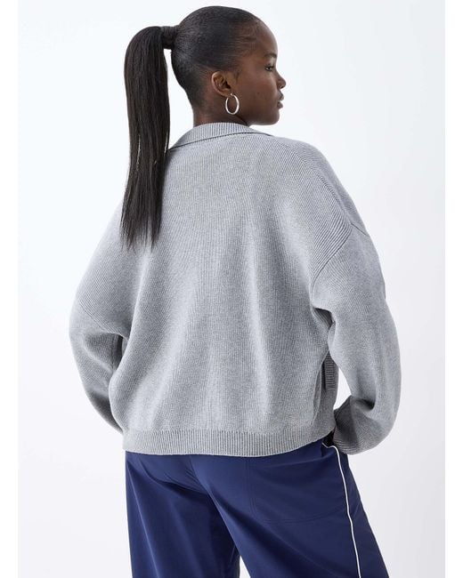 Twik Blue Zippered Polo Collar Loose Cardigan