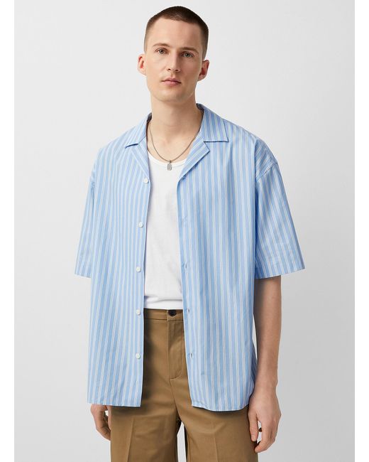 Le 31 Blue Loose Striped Camp Shirt for men