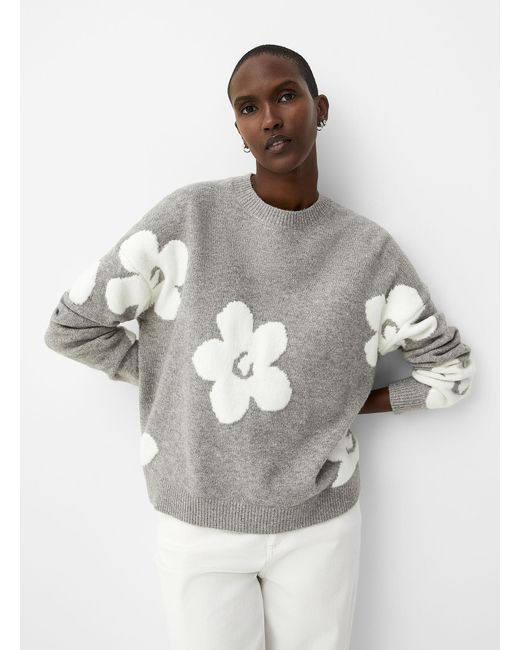 Contemporaine Gray Floral Brushed Jacquard Sweater