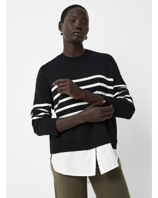 Contemporaine Black Striped Poplin Insert Loose Sweater