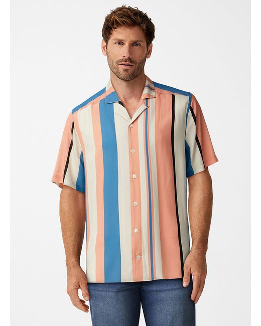 Le 31 Blue Vertical Stripe Camp Shirt Comfort Fit for men