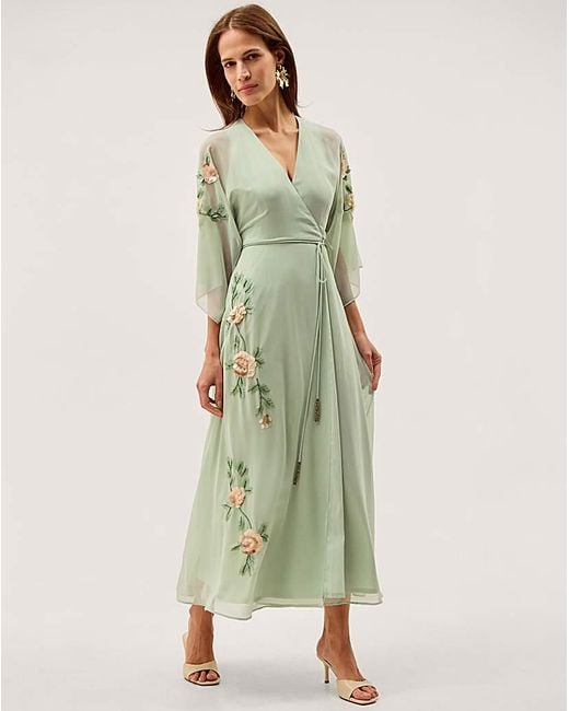 Monsoon Green Clara Floral Midi Wrap Dress
