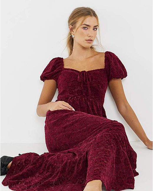 Lovedrobe Red Puff Sleeve Devore Midaxi