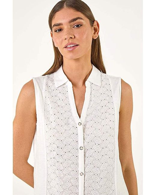 Roman White Roman Broderie Collared Vest Top