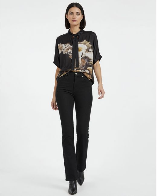 Religion Black Tie Neck Floral Graphic Blouse