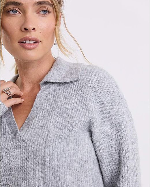 Simply Be Gray V-Neck Collared Jumper