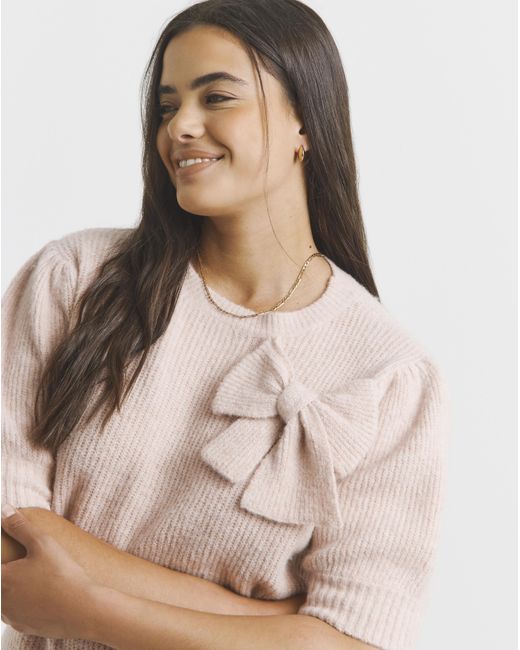 Simply Be Pink Puff Sleeve Bow Applique Knitted Top