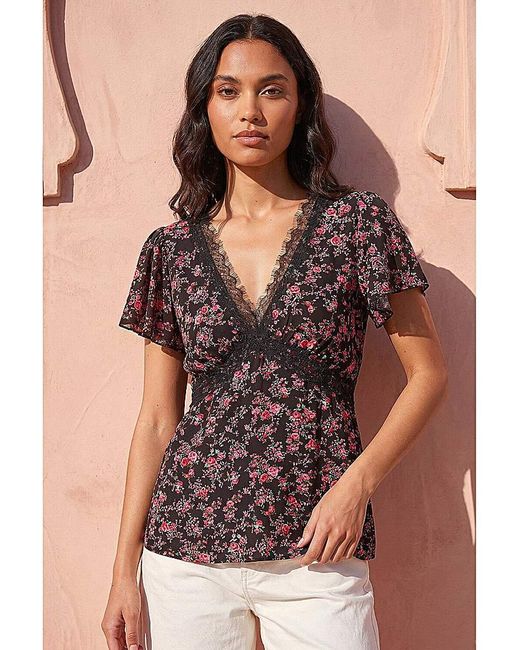 Roman Black Roman Floral Print Lace Detail Top