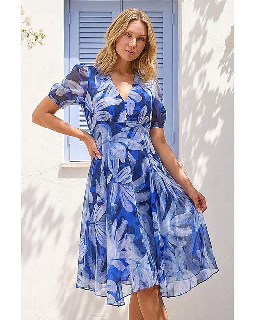 Roman Blue Roman Abstract Floral Hanky Hem Dress
