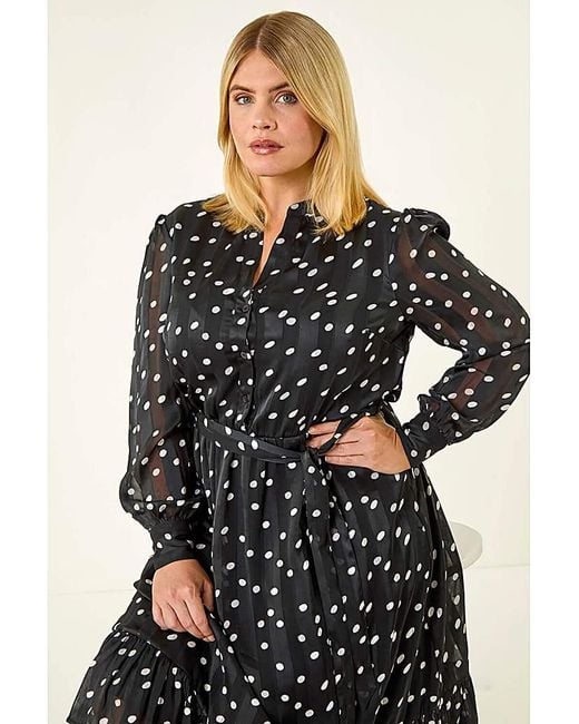 Roman Curve Black Polka Dot Midi Dress