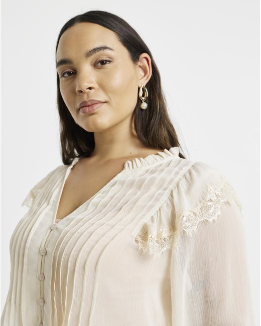 Simply Be Natural Lace Trim Chiffon Tuxedo Detail Blouse