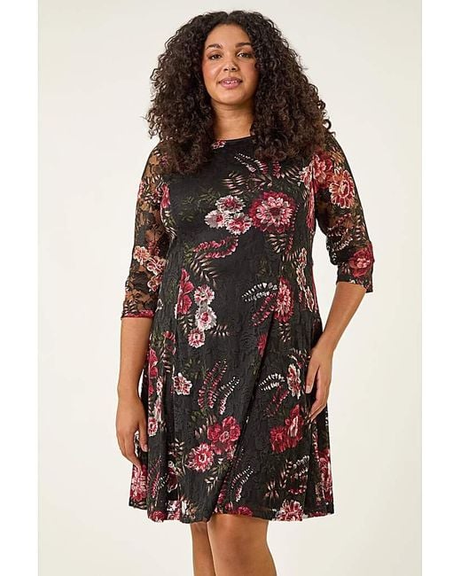 Roman Curve Red Floral Print Lace Dress