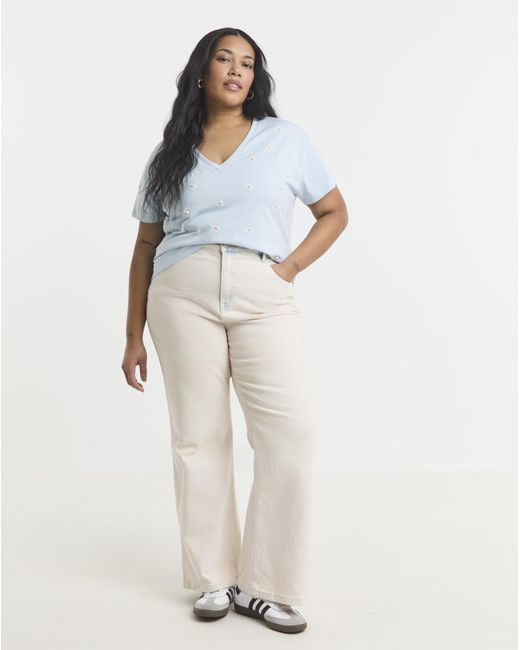 Simply Be Blue Flower Embroidery & Pearl Top
