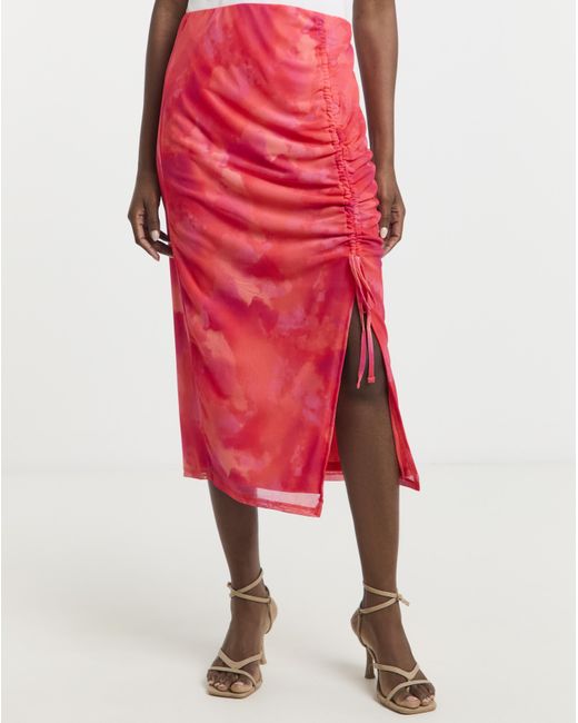 Simply Be Red Mesh Overlay Ruched Side Midi Skirt