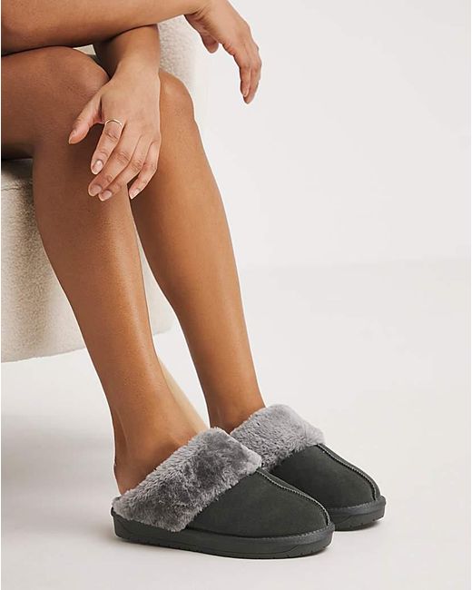 Simply Be Gray Faux Fur Lined Suede Mule Slipper Exwide