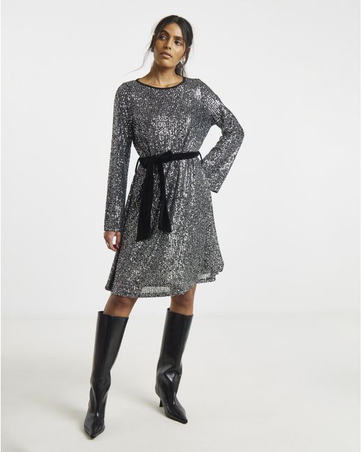 Simply Be Gray Sequin Skater Dress With Belt