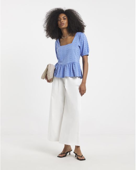 Simply Be Blue Stretch Broderie Square Neck Peplum