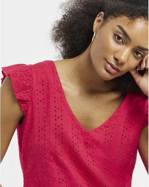 Simply Be Red V Neck Ruffle Sleeve Broderie Top