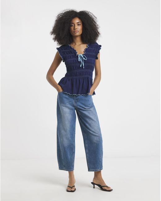 Simply Be Blue Shirred Peplum V Neck Top