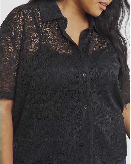 Simply Be Black Stretch Floral Crochet Boxy Shirt