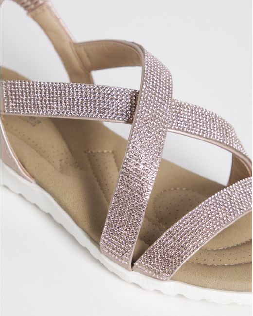 Heavenly Soles Natural Low Wedge Diamante Sandal Ex Wide