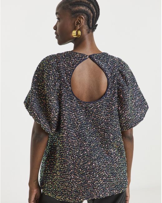 Joanna Hope Gray Sequin Puff Sleeve Top