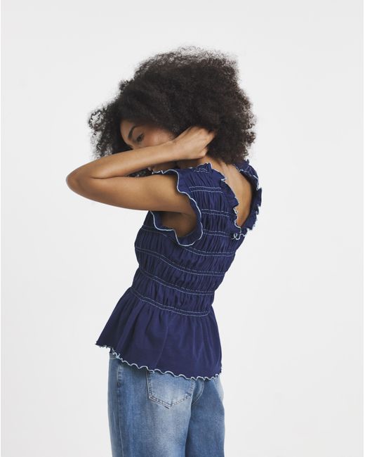 Simply Be Blue Shirred Peplum V Neck Top