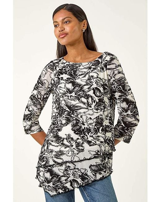 Roman Gray Roman Flock Floral Asymmetric Hem Top