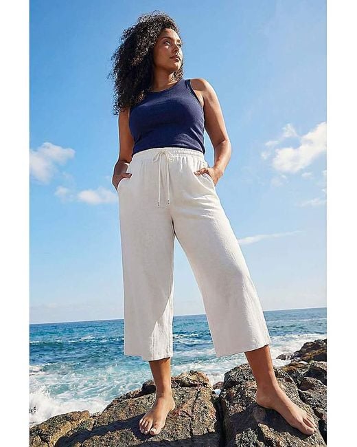 Roman Curve Blue Linen Blend Cropped Trousers