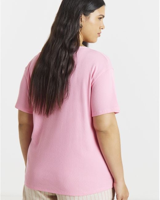 Simply Be Pink Rib V Neck Lace Trim T-Shirt