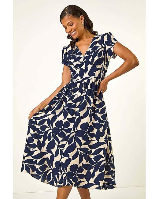 Roman Blue Roman Leaf Print V-Neck Midi Dress