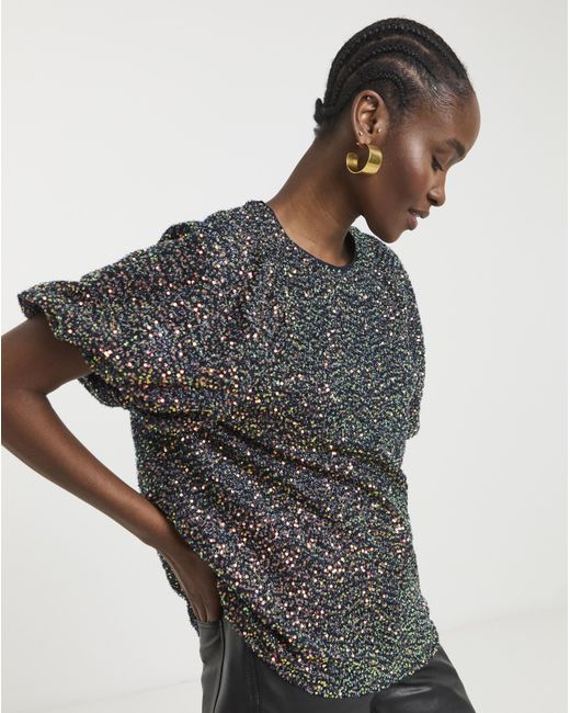 Joanna Hope Gray Sequin Puff Sleeve Top
