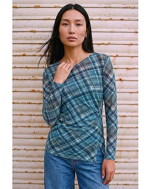 Roman Blue Roman Check Mesh Print Gathered Top