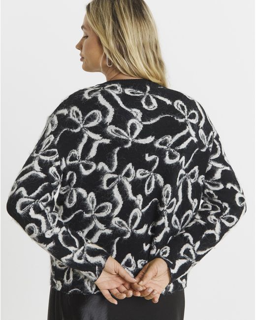 Simply Be Black Bow Print Fluffy Crew Neck Cardigan