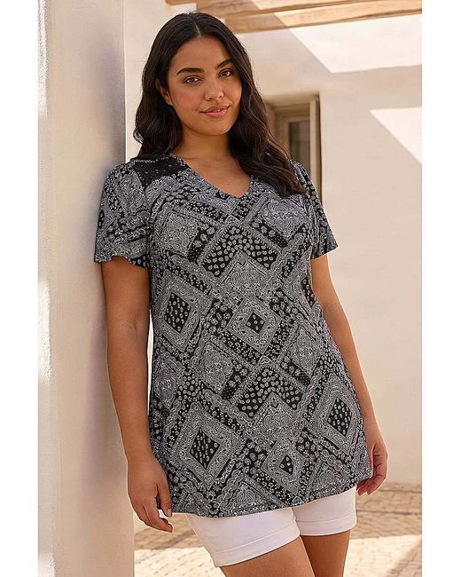 Roman Curve Gray Patchwork Print Lace Top