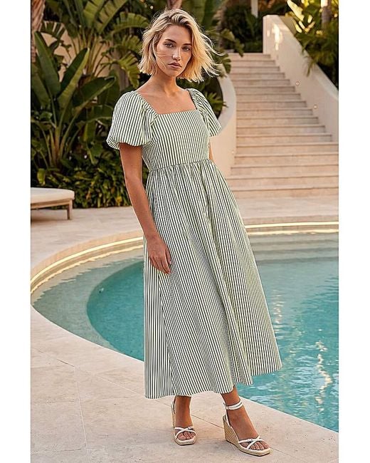 Roman Green Roman Stripe Puff Sleeve Midi Dress