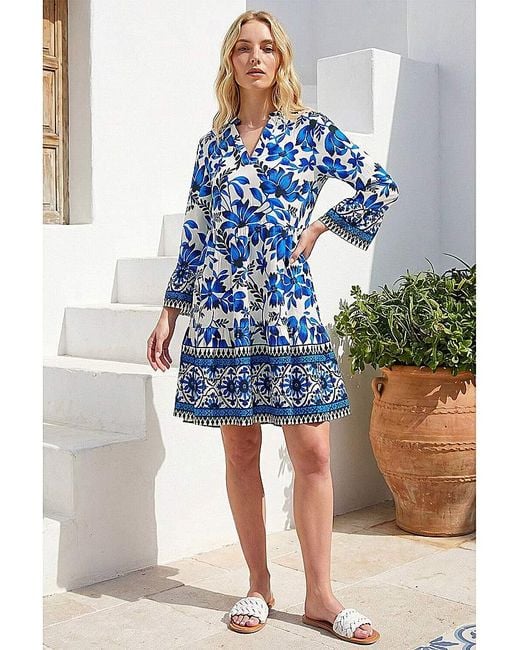 Roman Blue Roman Floral Print Border Tunic Dress