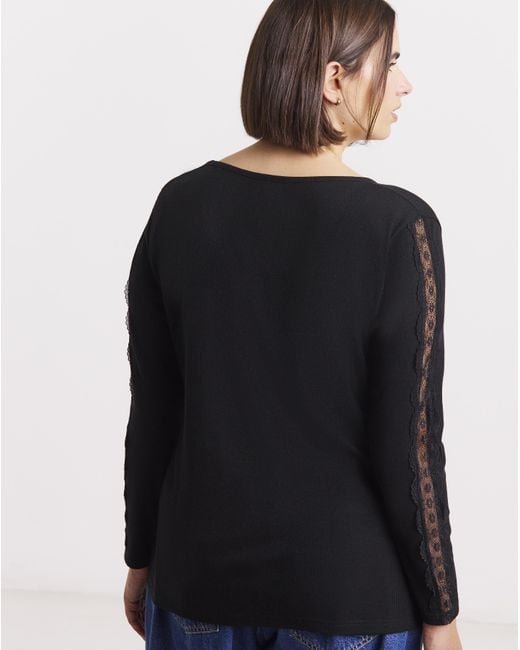 Simply Be Black Slash Neck Rib Top With Lace Sleeve
